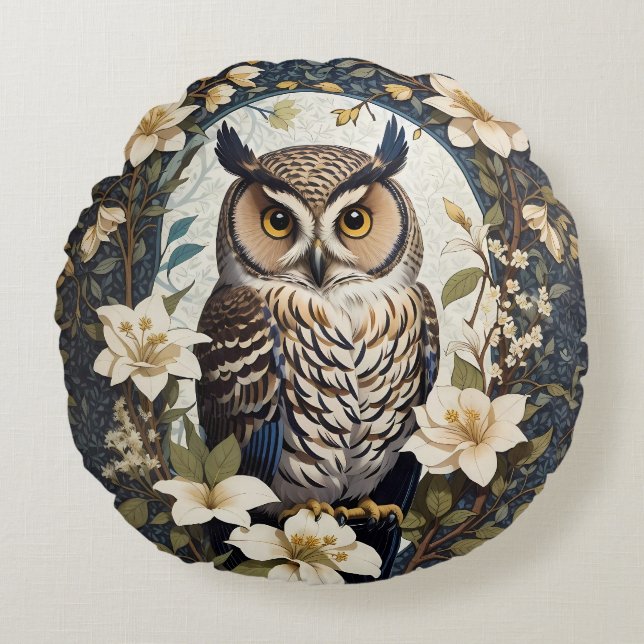 Beautiful Owl And Jasmine Flowers  Round Pillow (Front)