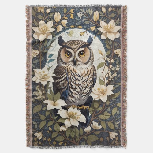 Beautiful Owl And Jasmine Flowers  Throw Blanket