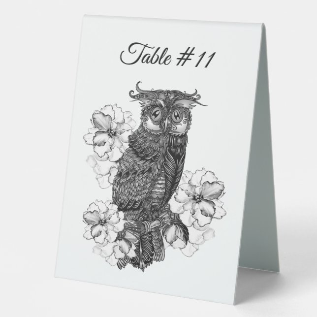 Beautiful Owl and Orchids Table Number Table Tent (Front)