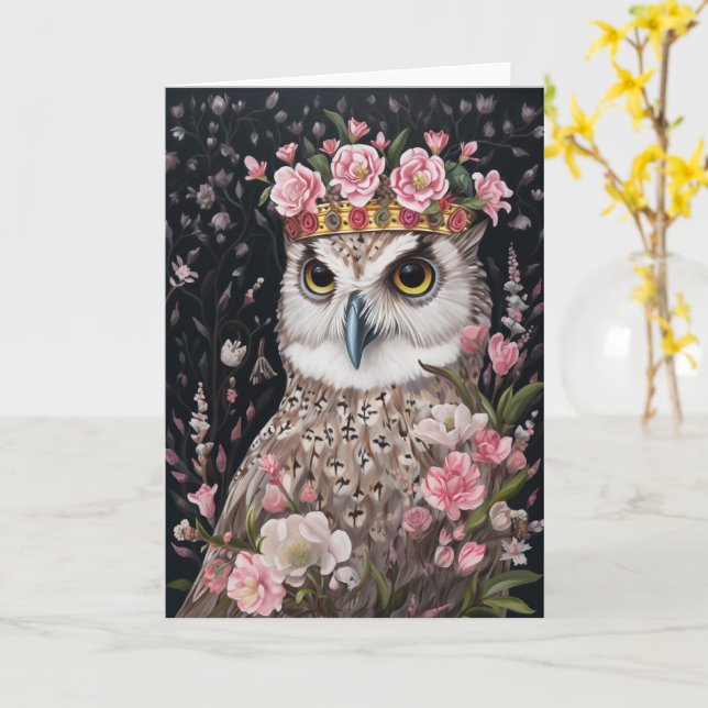 Beautiful Owl in a Crown all occasions pink flower Card (Yellow Flower)