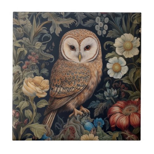 Beautiful owl in the garden art nouveau style ceramic tile