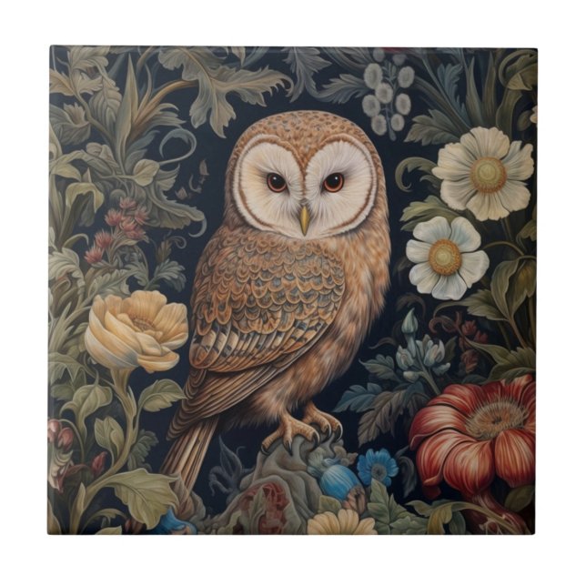 Beautiful owl in the garden art nouveau style ceramic tile (Front)