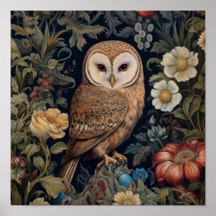 Beautiful owl in the garden art nouveau style poster