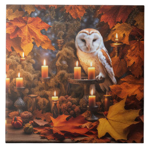 Beautiful Owl Mystical Autumn Leaves Candles Ceramic Tile