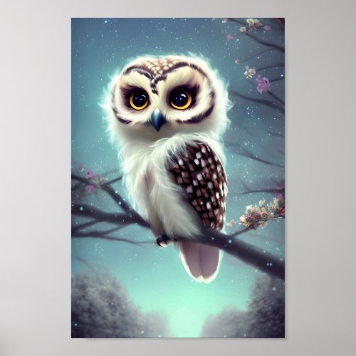 Beautiful Owl Painting on a Branch at Night Poster
