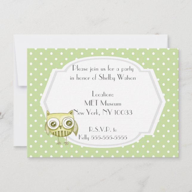Beautiful Owl with Pastel Polka Dots Custom Teal Invitation (Front)