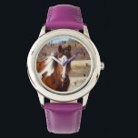Beautiful Paint Horse Kids Watch<br><div class="desc">Our Paint Horse Stainless Steel Kids Watch has a beautiful portrait of a colorful paint horse. Her name is Fever but she is so cool... what a cute horse face! Horses are magnificent animals and our horse kids watch would make great animal lover or horse lover gifts. The watch can...</div>