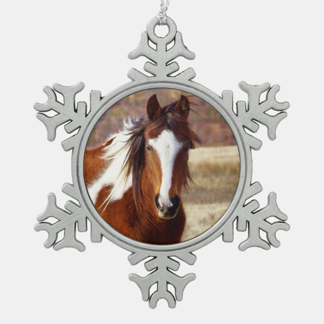 Beautiful Paint Horse Pewter Snowflake Ornament (Front)