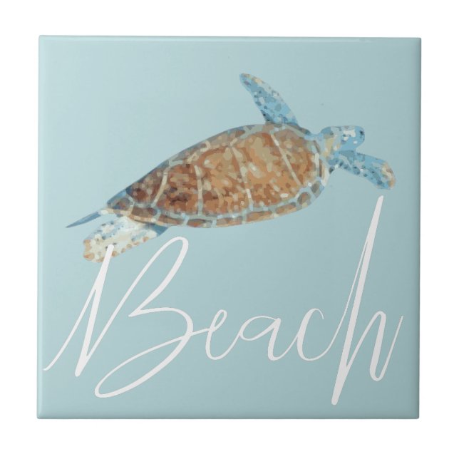 Beautiful Painted Sea Turtle With Beach Ceramic Tile (Front)
