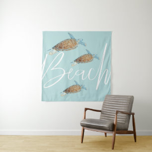 Beautiful Painted Sea Turtle With Beach Text Tapestry