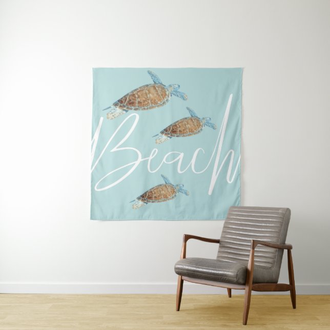Beautiful Painted Sea Turtle With Beach Text Tapestry (In Situ)