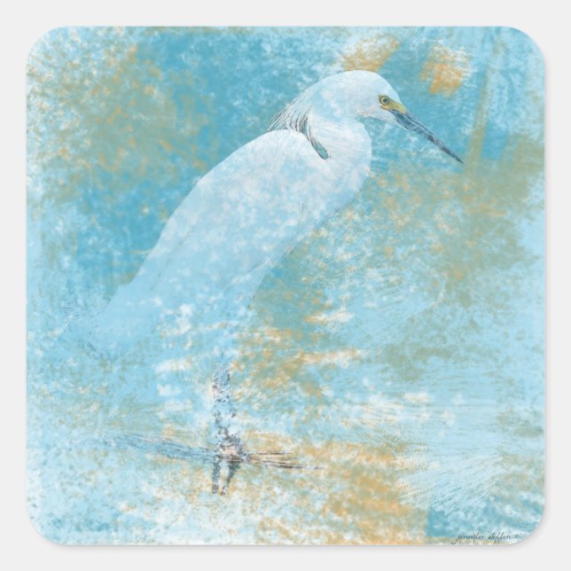 Beautiful Painted Snowy Egret Coastal Bird Square Sticker (Front)