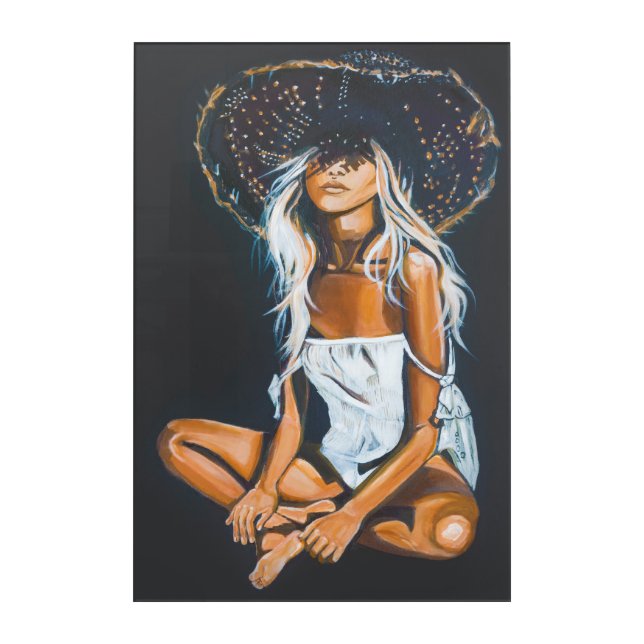 Beautiful Painting Print Boho Girl in Hat Acrylic Print (Front)