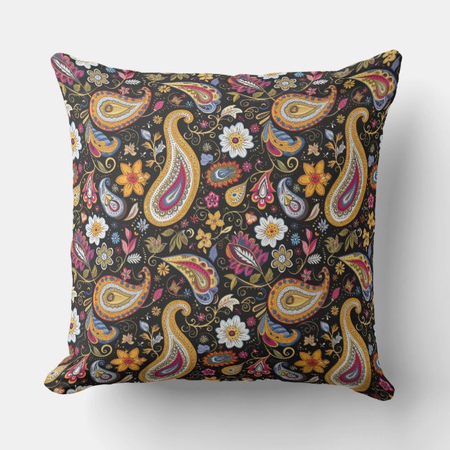 Beautiful Paisley Pattern Black Colorful  Outdoor Pillow (Front)