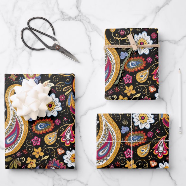 Beautiful Paisley Pattern Black Colorful  Wrapping Paper Sheets (Front)