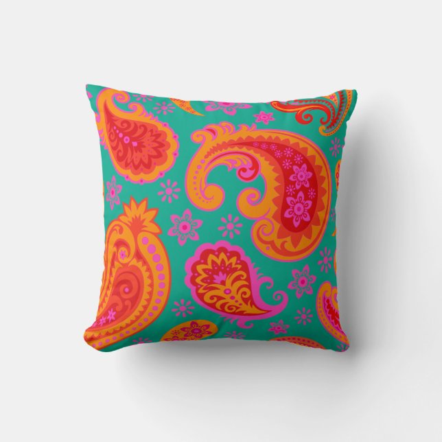 Beautiful Paisley | teal orange red Throw Pillow (Front)