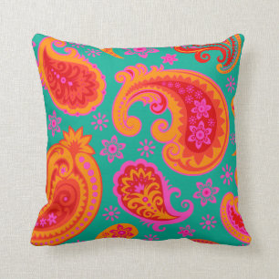 Beautiful Paisley   teal orange red Throw Pillow