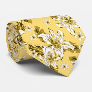 Beautiful pale yellow flower pattern neck tie