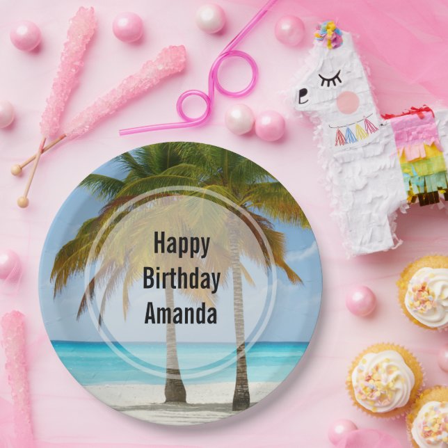 Beautiful Palm Trees on a Tropical Beach Birthday Paper Plates (Party)