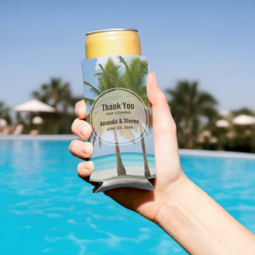 Beautiful Palm Trees on a Tropical Beach Wedding Seltzer Can Cooler