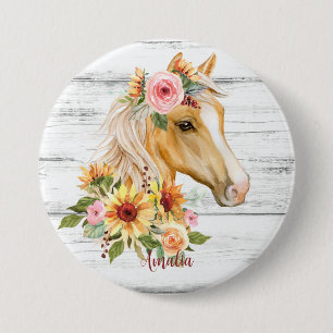 Beautiful Palomino horse with sunflowers custom Button