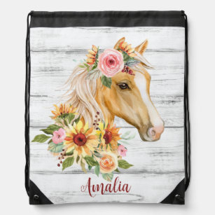 Beautiful Palomino horse with sunflowers custom Drawstring Bag