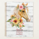 Beautiful Palomino horse with sunflowers custom Planner<br><div class="desc">Beautiful Palomino horse with sunflowers and pink flowers floral girls name planner notebook template. Beautiful watercolor horse portrait,  nice personalized gift for horse loving people.</div>