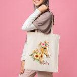 Beautiful Palomino horse with sunflowers custom Tote Bag<br><div class="desc">Beautiful Palomino horse with sunflowers and pink flowers floral girls name bag template. Beautiful watercolor horse portrait,  nice personalized gift for horse loving people.</div>