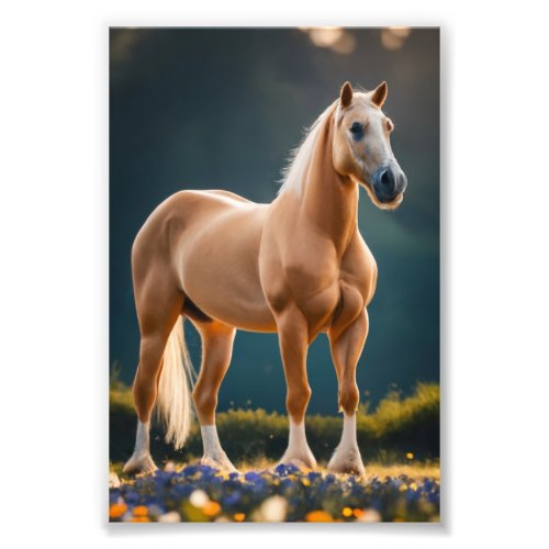 Beautiful Palomino Quarter Horse with flowers Photo Print