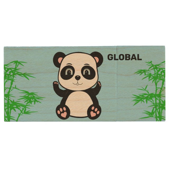 Beautiful panda bear and bamboo wood flash drive (Front)