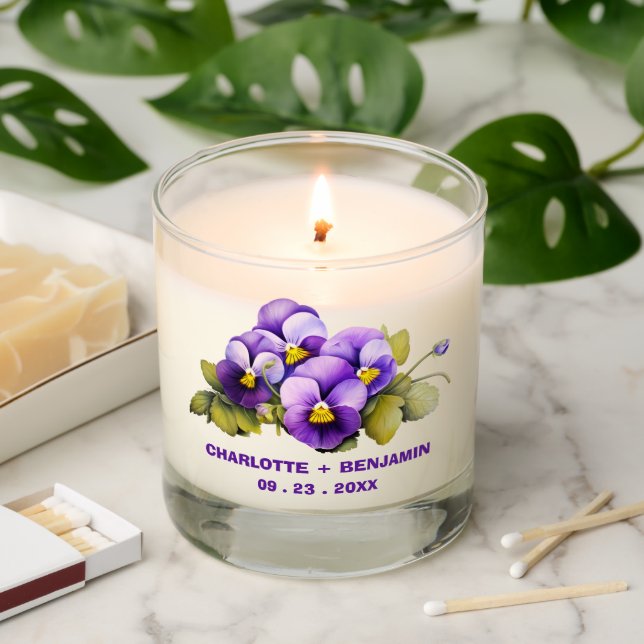 Beautiful Pansy Purple Flower  Wedding Favors  Scented Candle (Lit)