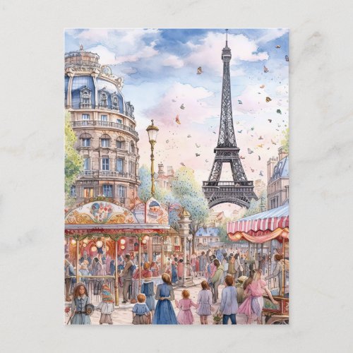 Beautiful Paris Street Scene With Eiffle Tower Art Postcard