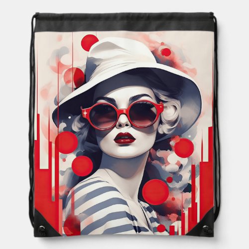 Beautiful Parisian Woman in sunglasses and hat Drawstring Bag