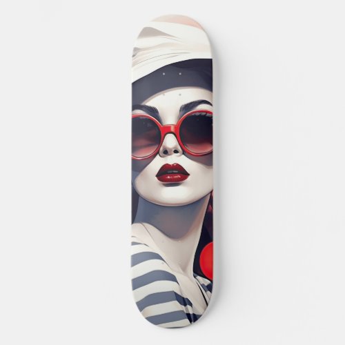 Beautiful Parisian Woman in sunglasses and hat Skateboard