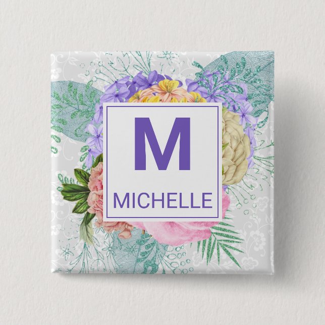 Beautiful Pastel Colors Spring Flowers Monogram Button (Front)
