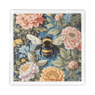 Beautiful Pastel Floral and Bumblebee Acrylic Tray