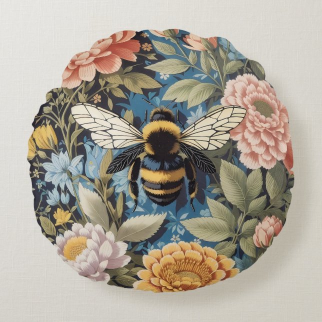 Beautiful Pastel Floral And Bumblebee Round Pillow (Front)