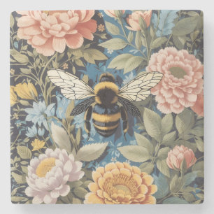 Beautiful Pastel Floral And Bumblebee Stone Coaster