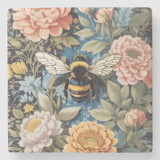 Beautiful Pastel Floral And Bumblebee Stone Coaster (Front)
