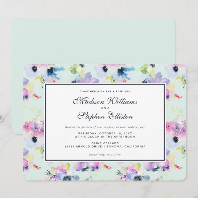 Beautiful Pastel Floral Watercolor - Wedding Invitation (Front/Back)