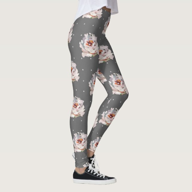 Beautiful Pastel Floral with Dots on Chic Gray Leggings (Right)