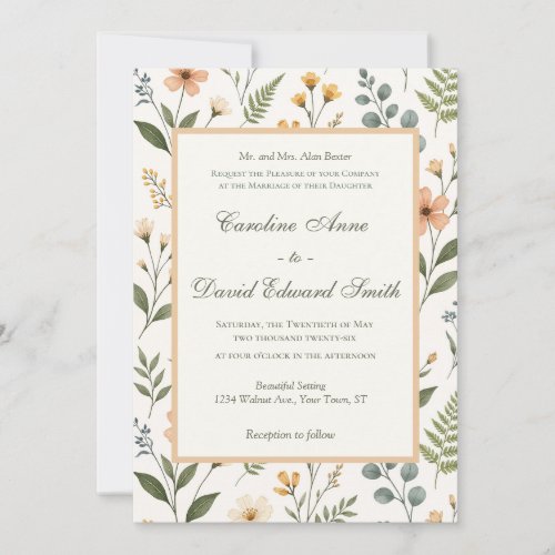 Beautiful Pastel Neutral Wildflowers and Ferns Invitation