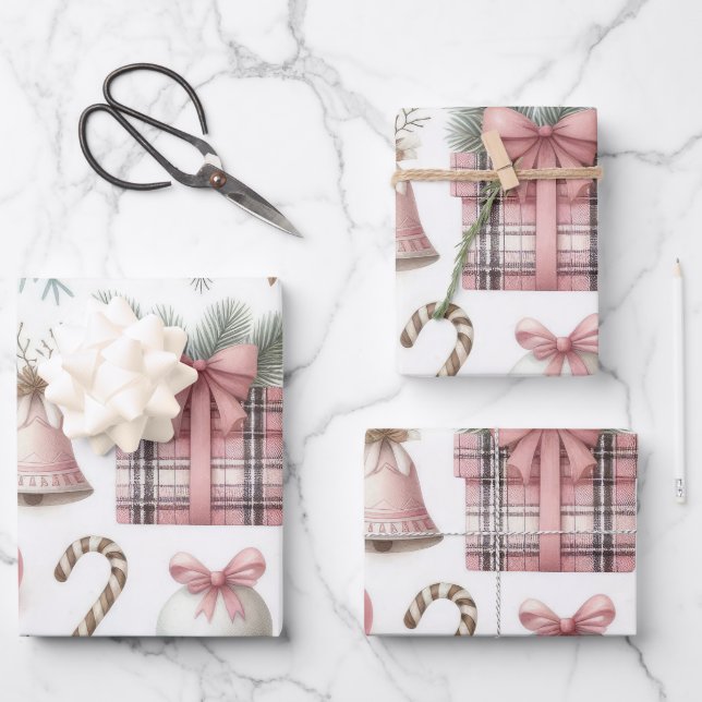 Beautiful Pastel Pink Christmas Designs Wrapping Paper Sheets (Front)