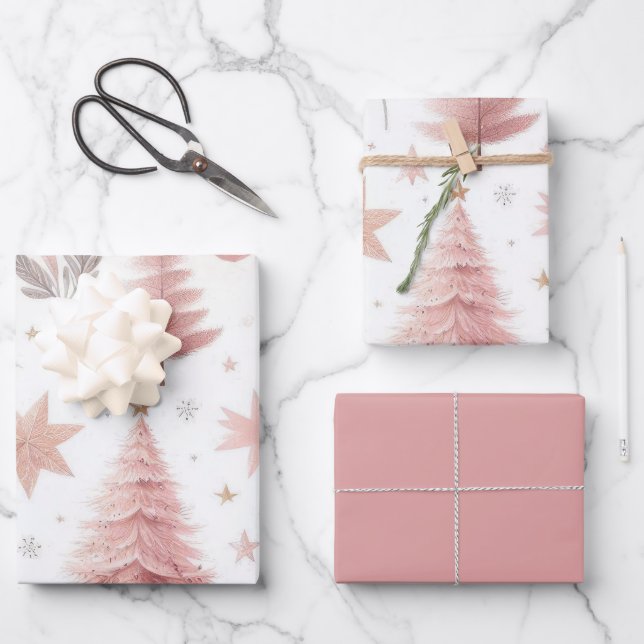 Beautiful Pastel Pink Christmas Designs Wrapping Paper Sheets (Front)