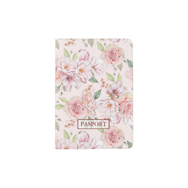 Beautiful pastel pink roses pattern passport holder (Front)