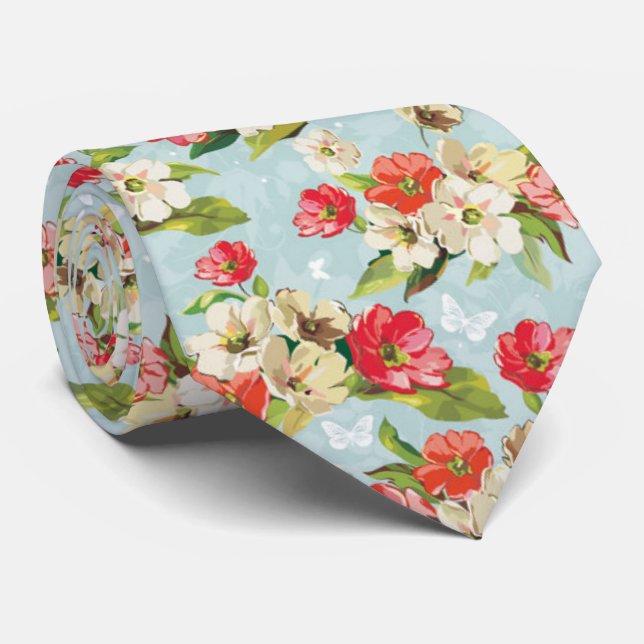 Beautiful Pastel Romantic Cherry Blossom red-cream Neck Tie (Rolled)