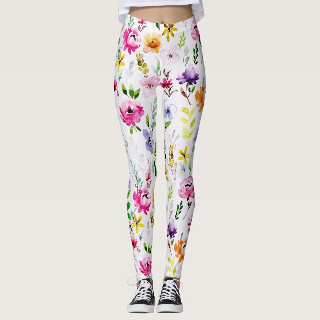 Beautiful Pastel Watercolor Floral Leggings (Front)