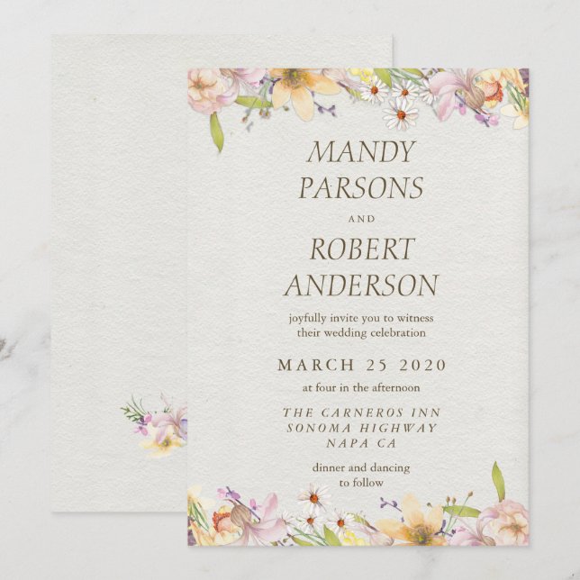 Beautiful Pastel Watercolor Floral Wedding Invitation (Front/Back)