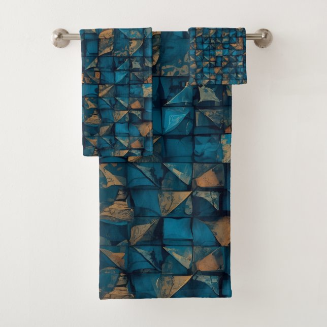 Beautiful Patchwork "Look" in Dark Teal Bath Towel Set (Insitu)
