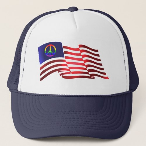 Beautiful Patriotic Peace Symbol American Flag Trucker Hat